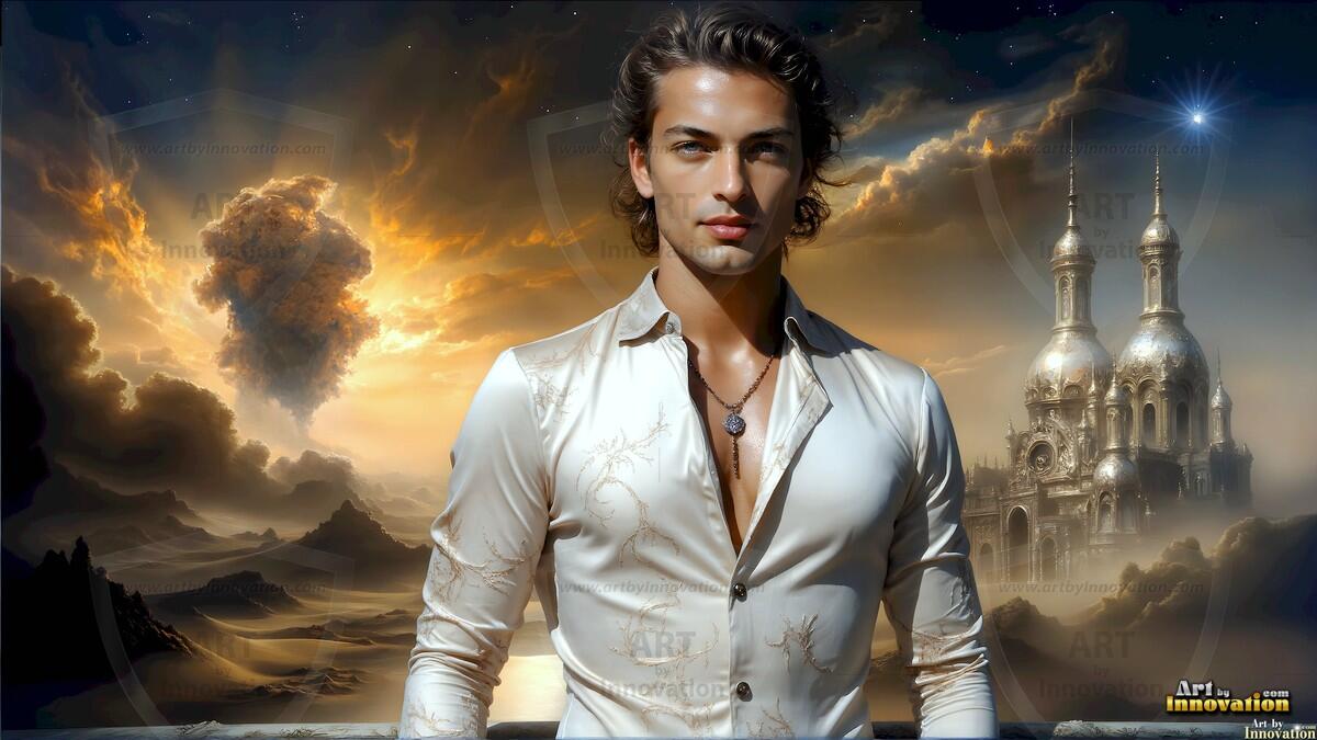 AI-generated Golden City Young Men — beautiful handsome young men in their teens and 20s on balconies overlooking a majestic golden heavenly city. 349 images by Jeff Dupler.