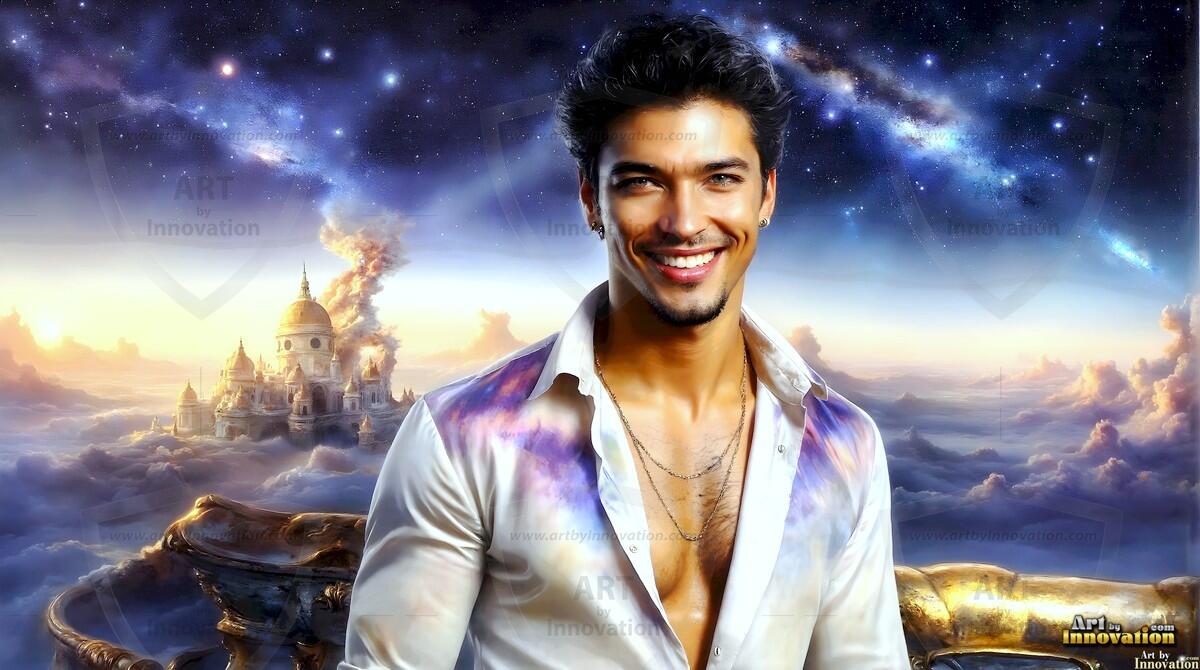 AI-generated Golden City Young Men — beautiful handsome young men in their teens and 20s on balconies overlooking a majestic golden heavenly city. 349 images by Jeff Dupler.