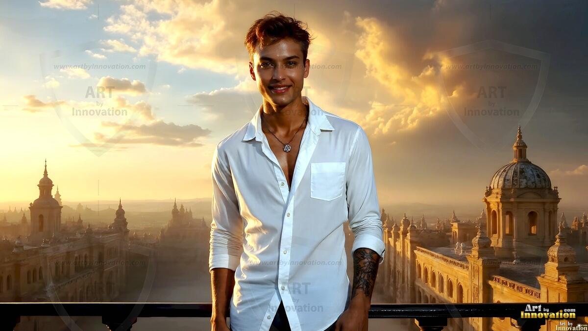 AI-generated Golden City Young Men — beautiful handsome young men in their teens and 20s on balconies overlooking a majestic golden heavenly city. 349 images by Jeff Dupler.