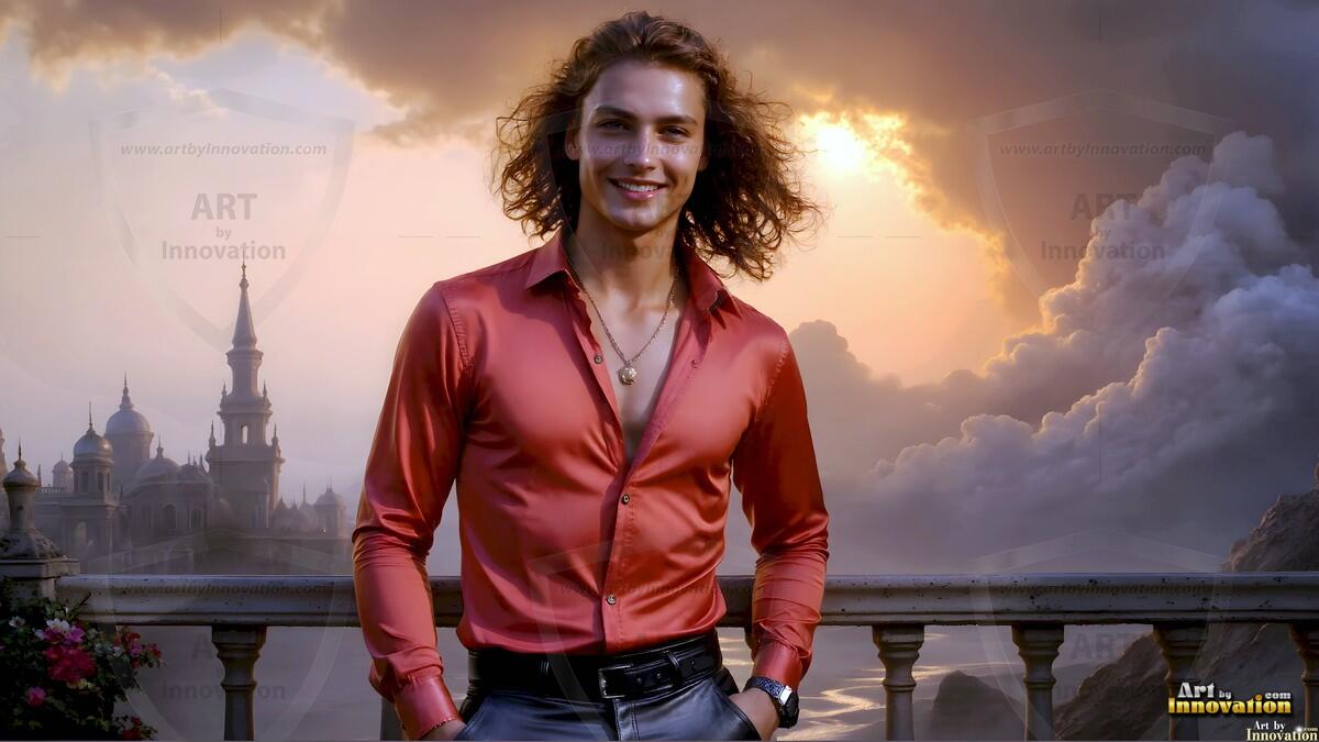 AI-generated Golden City Young Men — beautiful handsome young men in their teens and 20s on balconies overlooking a majestic golden heavenly city. 349 images by Jeff Dupler.