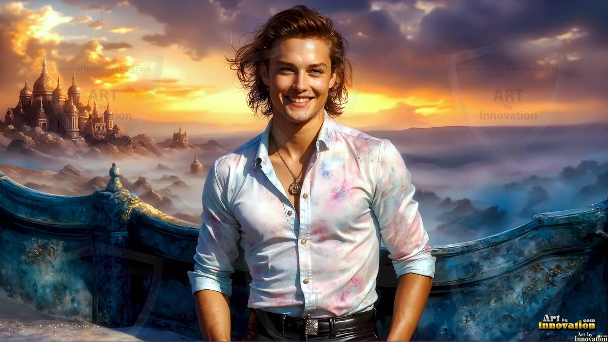 AI-generated Golden City Young Men — beautiful handsome young men in their teens and 20s on balconies overlooking a majestic golden heavenly city. 349 images by Jeff Dupler.