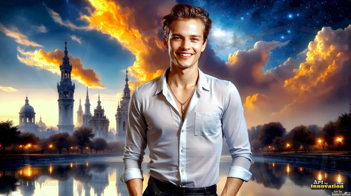 AI-generated Golden City Young Men — beautiful handsome young men in their teens and 20s on balconies overlooking a majestic golden heavenly city. 349 images by Jeff Dupler.