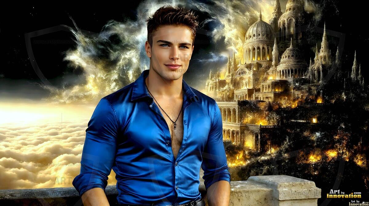AI-generated Golden City Young Men — beautiful handsome young men in their teens and 20s on balconies overlooking a majestic golden heavenly city. 349 images by Jeff Dupler.