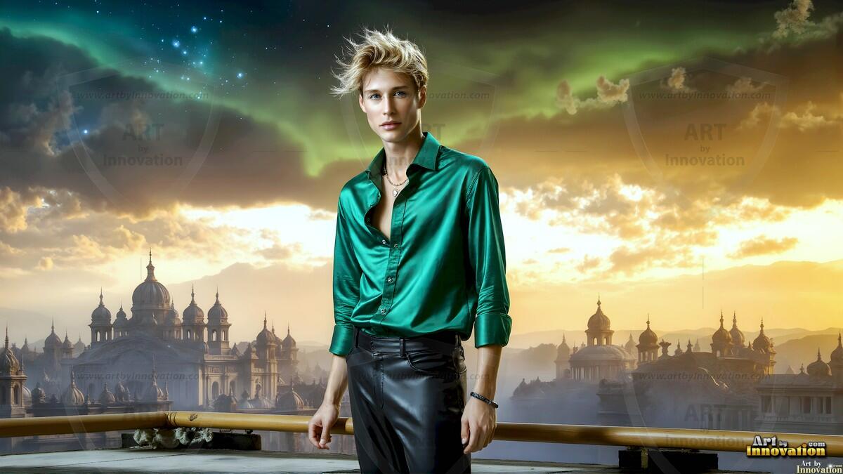 AI-generated Golden City Young Men — beautiful handsome young men in their teens and 20s on balconies overlooking a majestic golden heavenly city. 349 images by Jeff Dupler.