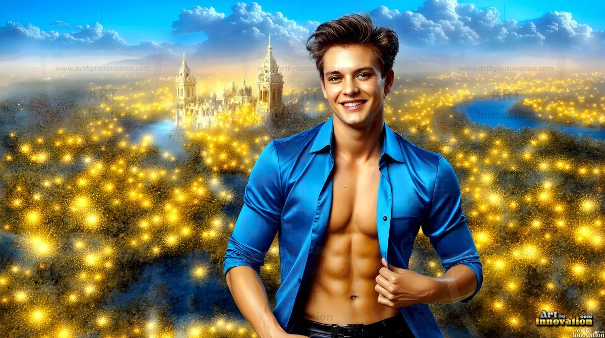 AI-generated Golden City Young Men — beautiful handsome young men in their teens and 20s on balconies overlooking a majestic golden heavenly city. 349 images by Jeff Dupler.