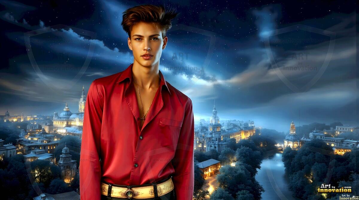 AI-generated Golden City Young Men — beautiful handsome young men in their teens and 20s on balconies overlooking a majestic golden heavenly city. 349 images by Jeff Dupler.