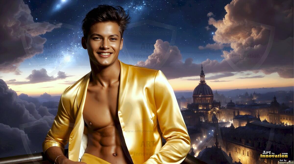 AI-generated Golden City Young Men — beautiful handsome young men in their teens and 20s on balconies overlooking a majestic golden heavenly city. 349 images by Jeff Dupler.