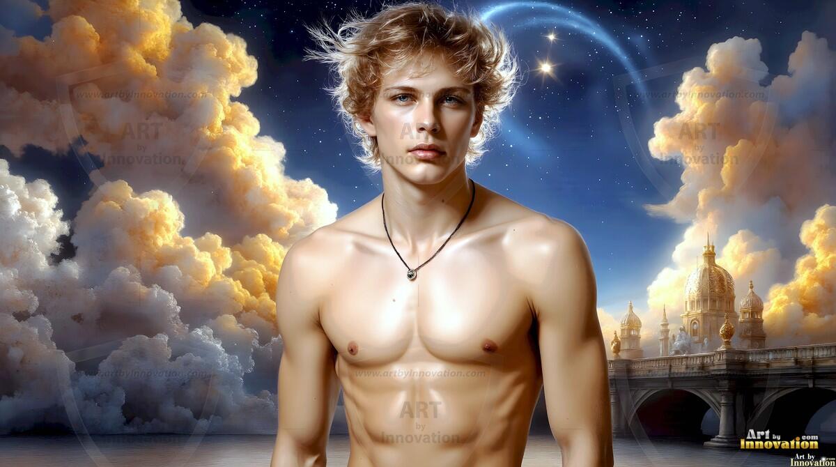 AI-generated Golden City Young Men — beautiful handsome young men in their teens and 20s on balconies overlooking a majestic golden heavenly city. 349 images by Jeff Dupler.