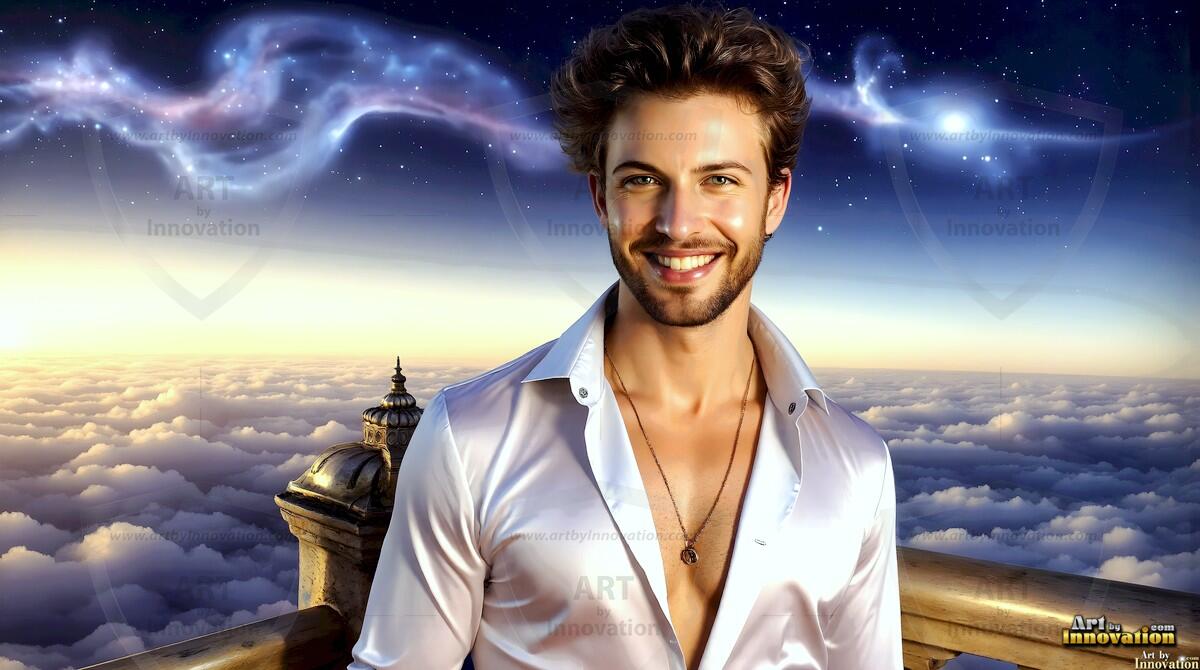 AI-generated Golden City Young Men — beautiful handsome young men in their teens and 20s on balconies overlooking a majestic golden heavenly city. 349 images by Jeff Dupler.