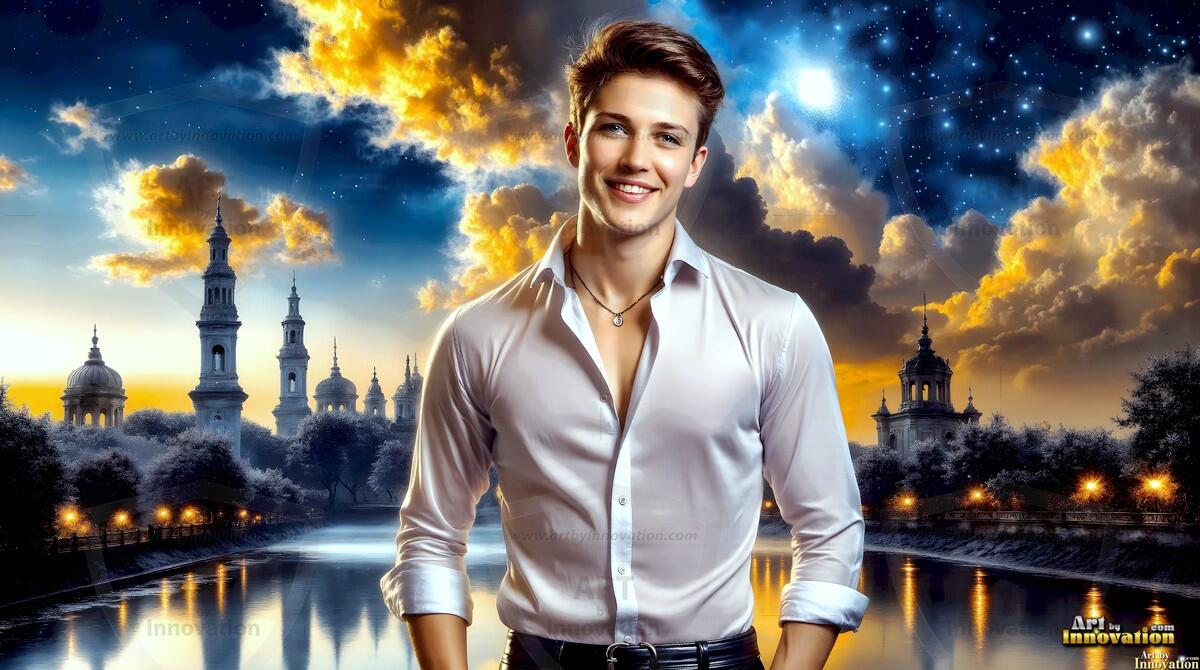AI-generated Golden City Young Men — beautiful handsome young men in their teens and 20s on balconies overlooking a majestic golden heavenly city. 349 images by Jeff Dupler.