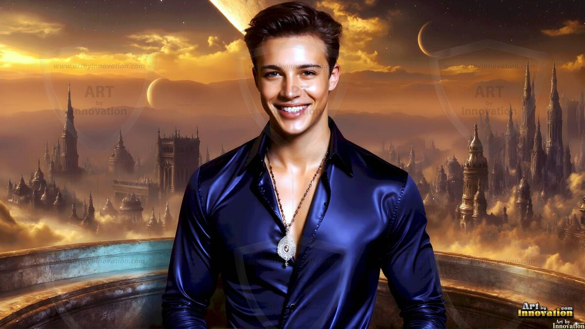 AI-generated Golden City Young Men — beautiful handsome young men in their teens and 20s on balconies overlooking a majestic golden heavenly city. 349 images by Jeff Dupler.