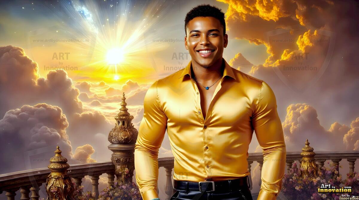 AI-generated Golden City Young Men — beautiful handsome young men in their teens and 20s on balconies overlooking a majestic golden heavenly city. 349 images by Jeff Dupler.