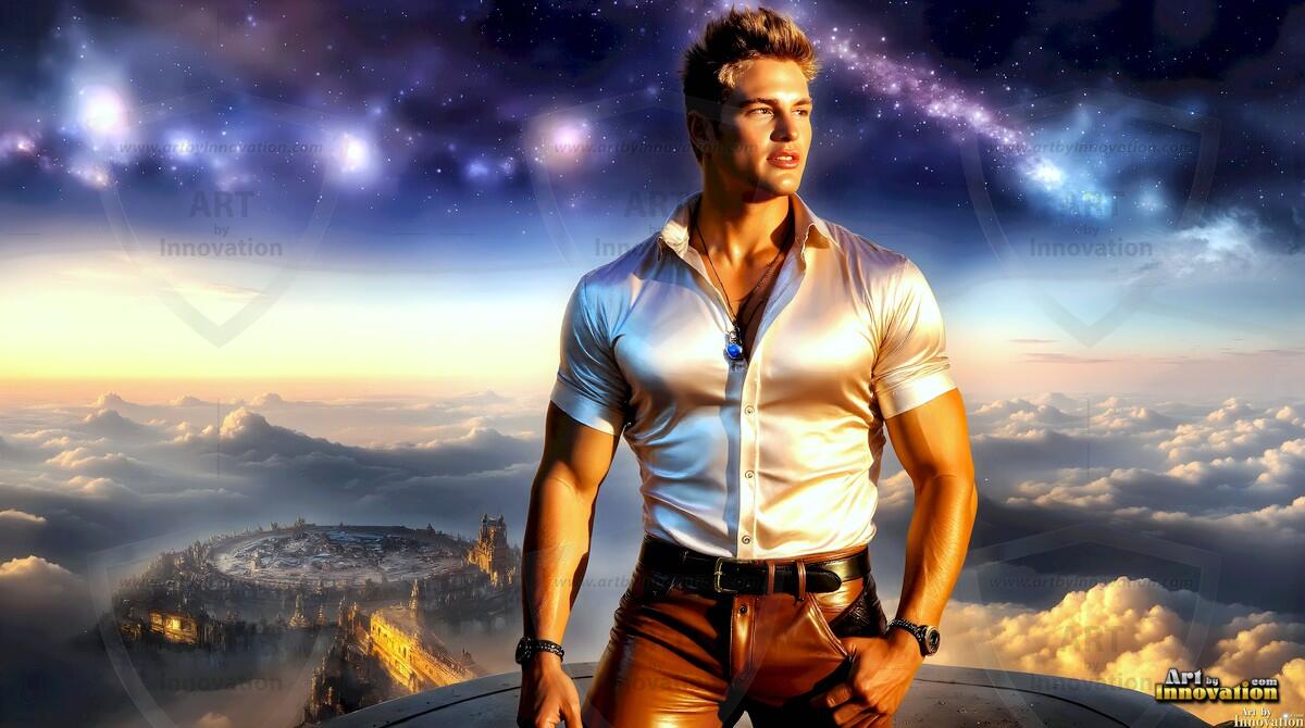 AI-generated Golden City Young Men — beautiful handsome young men in their teens and 20s on balconies overlooking a majestic golden heavenly city. 349 images by Jeff Dupler.