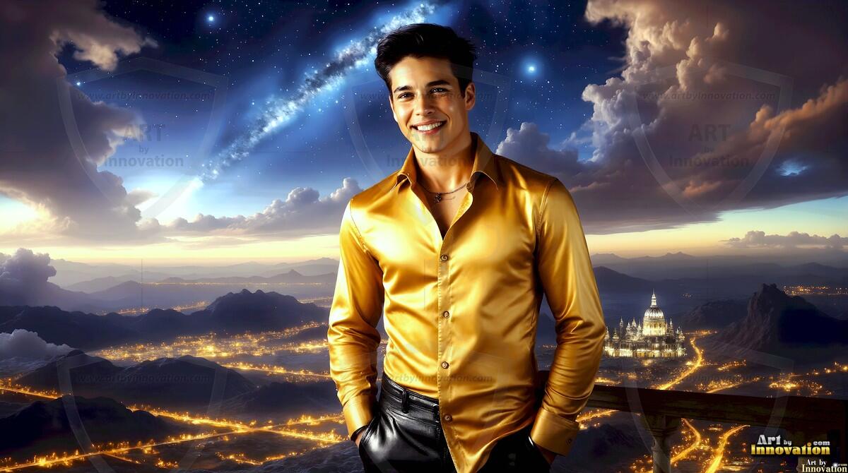 AI-generated Golden City Young Men — beautiful handsome young men in their teens and 20s on balconies overlooking a majestic golden heavenly city. 349 images by Jeff Dupler.