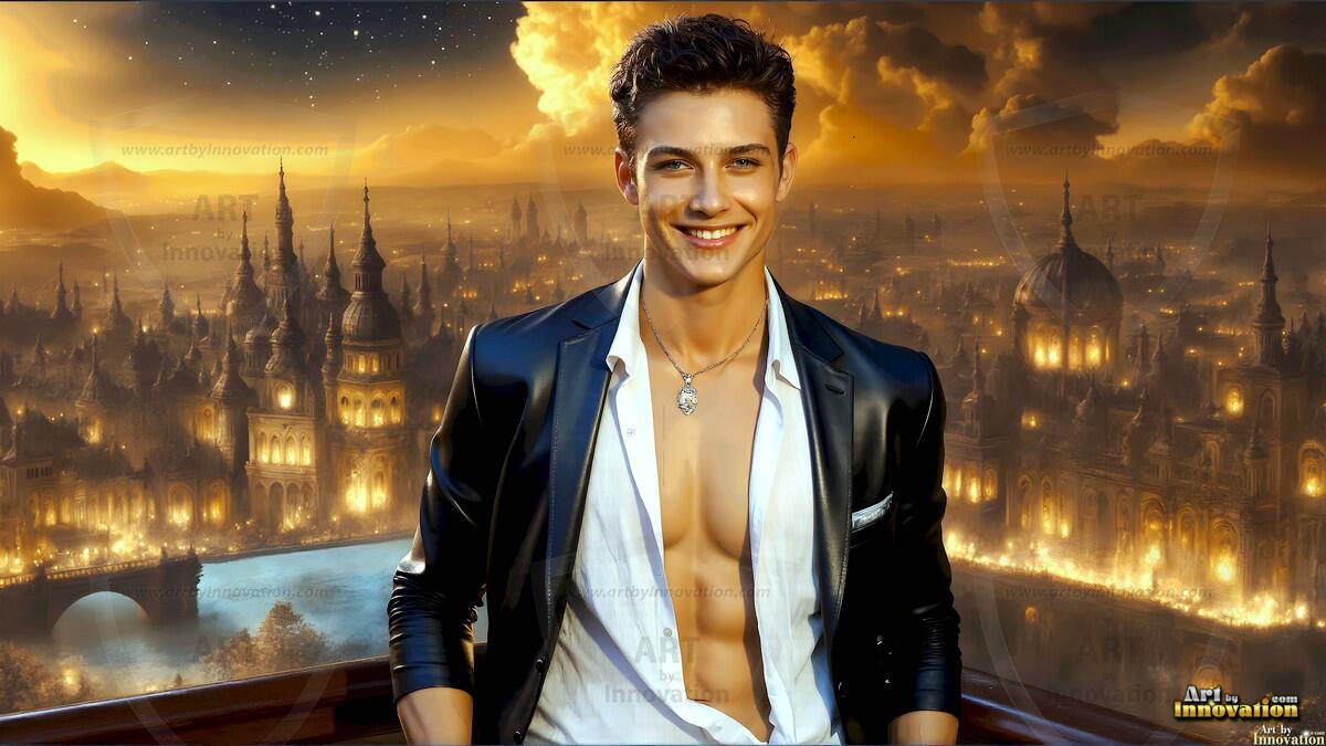 AI-generated Golden City Young Men — beautiful handsome young men in their teens and 20s on balconies overlooking a majestic golden heavenly city. 349 images by Jeff Dupler.