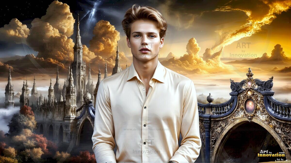 AI-generated Golden City Young Men — beautiful handsome young men in their teens and 20s on balconies overlooking a majestic golden heavenly city. 349 images by Jeff Dupler.