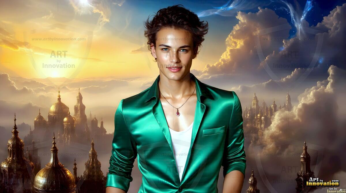 AI-generated Golden City Young Men — beautiful handsome young men in their teens and 20s on balconies overlooking a majestic golden heavenly city. 349 images by Jeff Dupler.