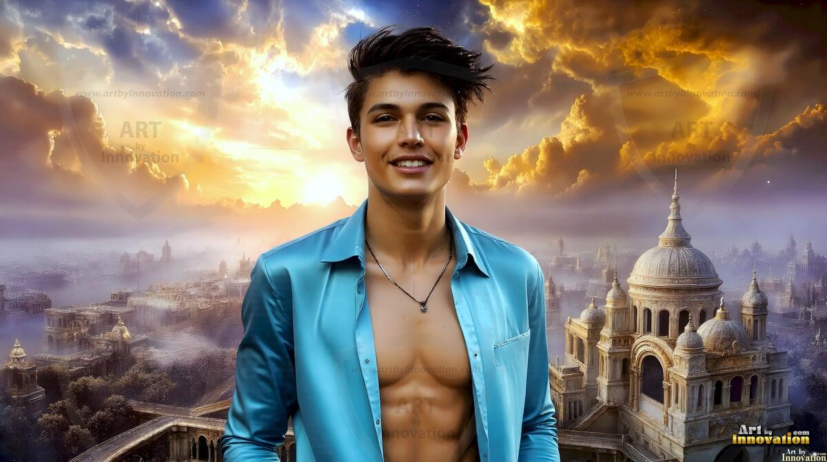 AI-generated Golden City Young Men — beautiful handsome young men in their teens and 20s on balconies overlooking a majestic golden heavenly city. 349 images by Jeff Dupler.