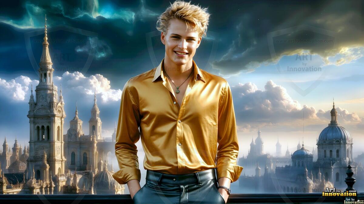 AI-generated Golden City Young Men — beautiful handsome young men in their teens and 20s on balconies overlooking a majestic golden heavenly city. 349 images by Jeff Dupler.