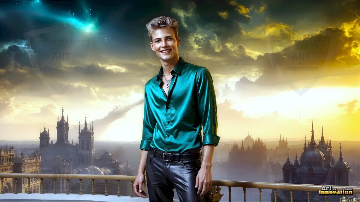 AI-generated Golden City Young Men — beautiful handsome young men in their teens and 20s on balconies overlooking a majestic golden heavenly city. 349 images by Jeff Dupler.