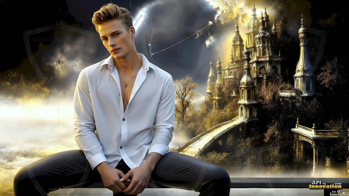 AI-generated Golden City Young Men — beautiful handsome young men in their teens and 20s on balconies overlooking a majestic golden heavenly city. 349 images by Jeff Dupler.