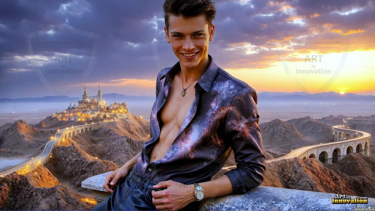 AI-generated Golden City Young Men — beautiful handsome young men in their teens and 20s on balconies overlooking a majestic golden heavenly city. 349 images by Jeff Dupler.