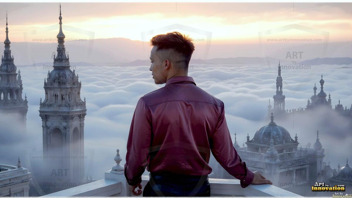 AI-generated Golden City Young Men — beautiful handsome young men in their teens and 20s on balconies overlooking a majestic golden heavenly city. 349 images by Jeff Dupler.