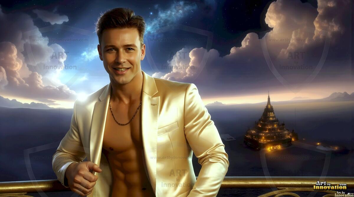 AI-generated Golden City Young Men — beautiful handsome young men in their teens and 20s on balconies overlooking a majestic golden heavenly city. 349 images by Jeff Dupler.