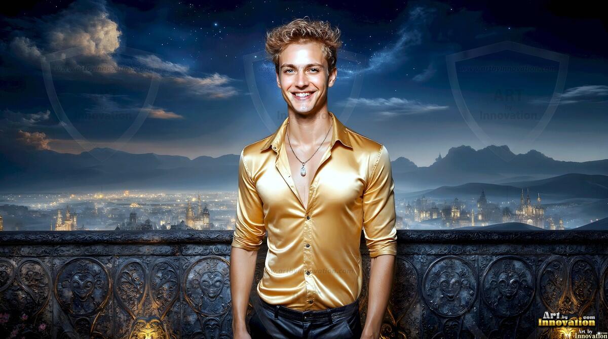 AI-generated Golden City Young Men — beautiful handsome young men in their teens and 20s on balconies overlooking a majestic golden heavenly city. 349 images by Jeff Dupler.
