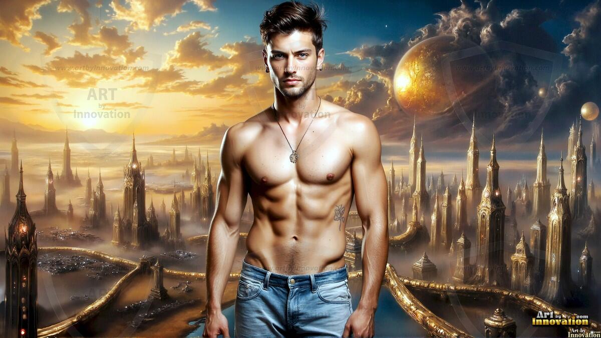 AI-generated Golden City Young Men — beautiful handsome young men in their teens and 20s on balconies overlooking a majestic golden heavenly city. 349 images by Jeff Dupler.