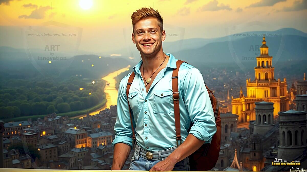 AI-generated Golden City Young Men — beautiful handsome young men in their teens and 20s on balconies overlooking a majestic golden heavenly city. 349 images by Jeff Dupler.