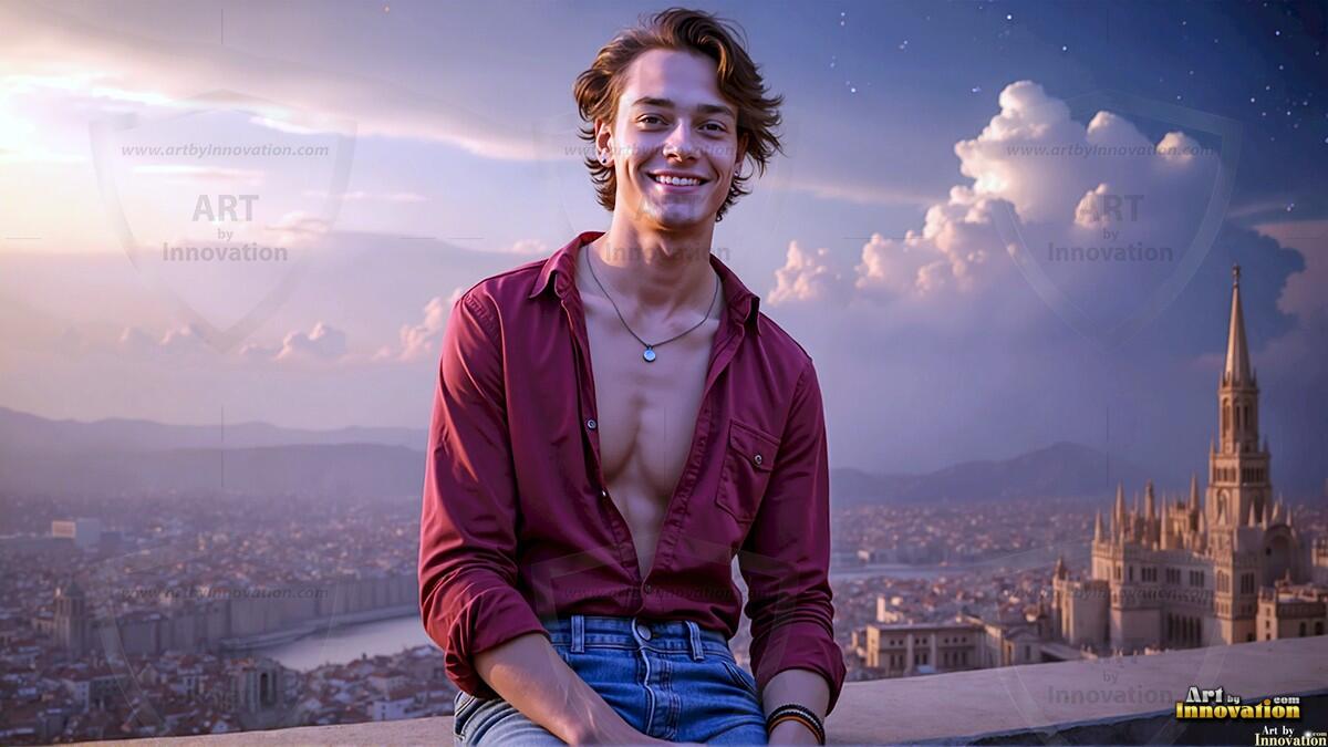 AI-generated Golden City Young Men — beautiful handsome young men in their teens and 20s on balconies overlooking a majestic golden heavenly city. 349 images by Jeff Dupler.