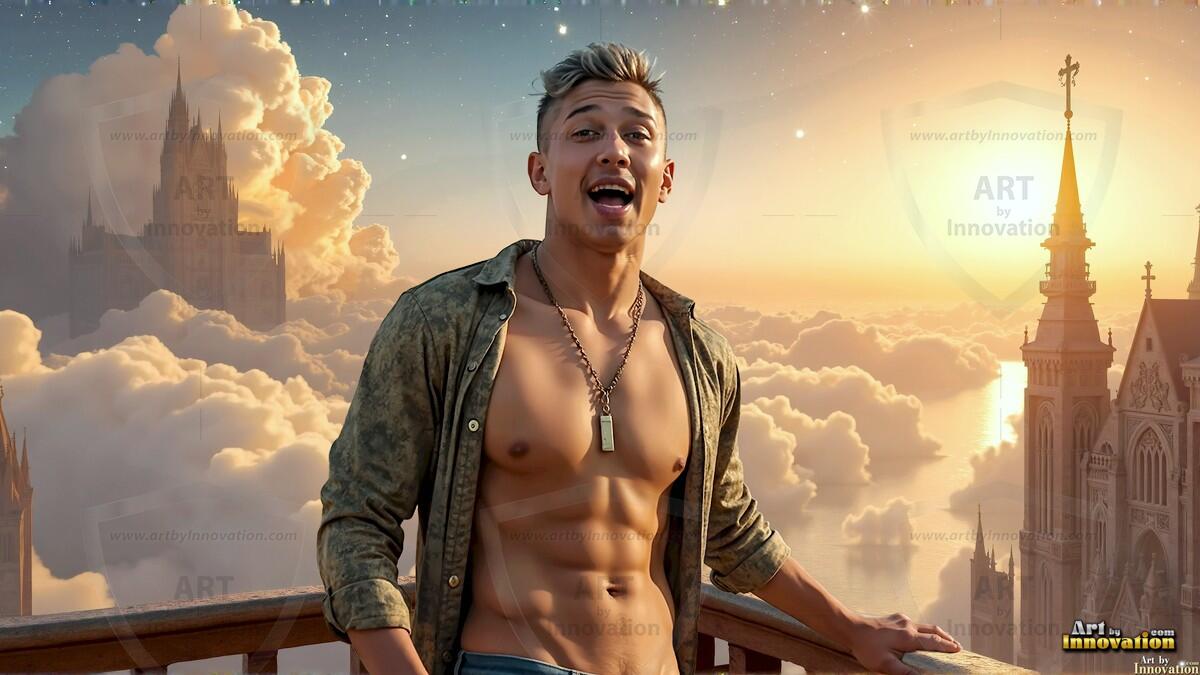 AI-generated Golden City Young Men — beautiful handsome young men in their teens and 20s on balconies overlooking a majestic golden heavenly city. 349 images by Jeff Dupler.