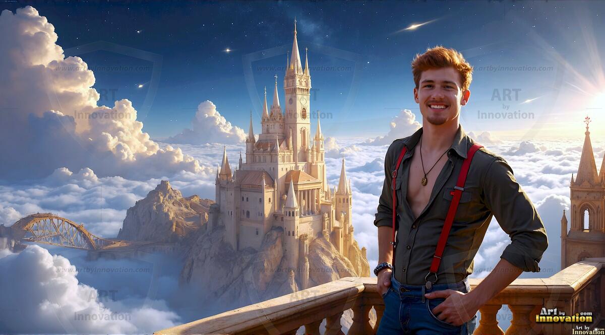 AI-generated Golden City Young Men — beautiful handsome young men in their teens and 20s on balconies overlooking a majestic golden heavenly city. 349 images by Jeff Dupler.