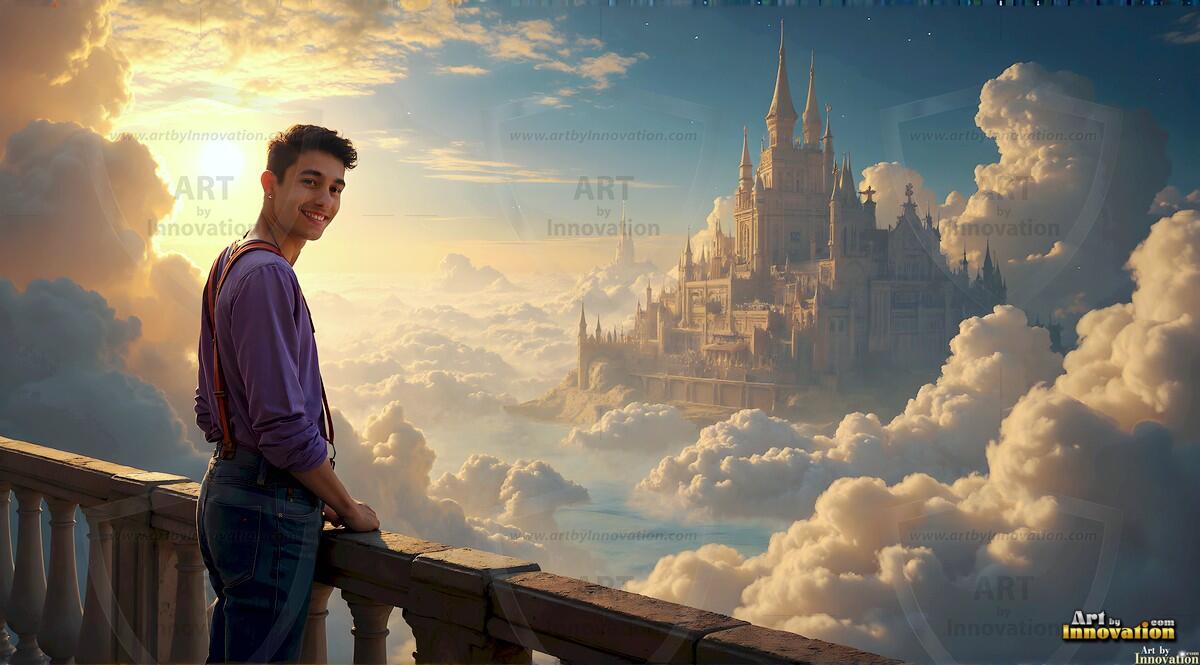 AI-generated Golden City Young Men — beautiful handsome young men in their teens and 20s on balconies overlooking a majestic golden heavenly city. 349 images by Jeff Dupler.
