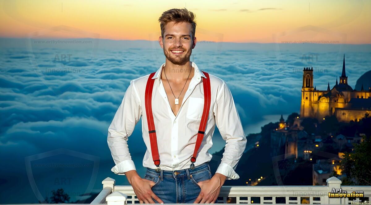 AI-generated Golden City Young Men — beautiful handsome young men in their teens and 20s on balconies overlooking a majestic golden heavenly city. 349 images by Jeff Dupler.