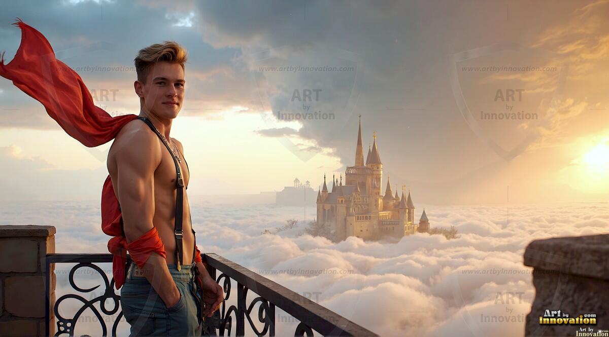 AI-generated Golden City Young Men — beautiful handsome young men in their teens and 20s on balconies overlooking a majestic golden heavenly city. 349 images by Jeff Dupler.