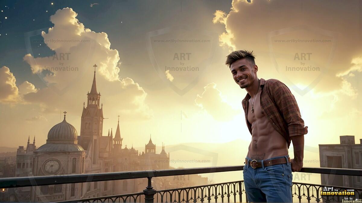 AI-generated Golden City Young Men — beautiful handsome young men in their teens and 20s on balconies overlooking a majestic golden heavenly city. 349 images by Jeff Dupler.