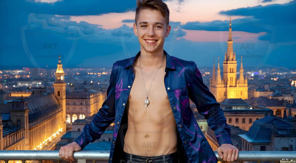 AI-generated Golden City Young Men — beautiful handsome young men in their teens and 20s on balconies overlooking a majestic golden heavenly city. 349 images by Jeff Dupler.