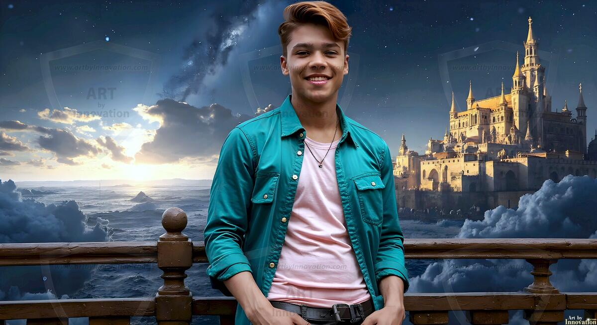 AI-generated Golden City Young Men — beautiful handsome young men in their teens and 20s on balconies overlooking a majestic golden heavenly city. 349 images by Jeff Dupler.