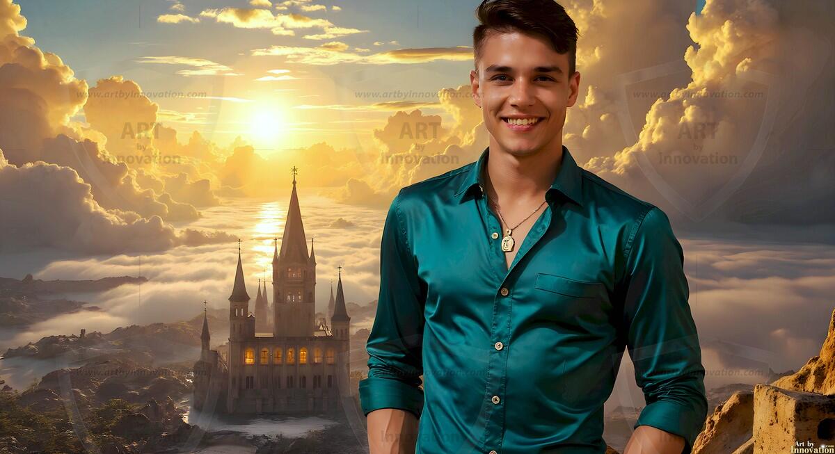 AI-generated Golden City Young Men — beautiful handsome young men in their teens and 20s on balconies overlooking a majestic golden heavenly city. 349 images by Jeff Dupler.