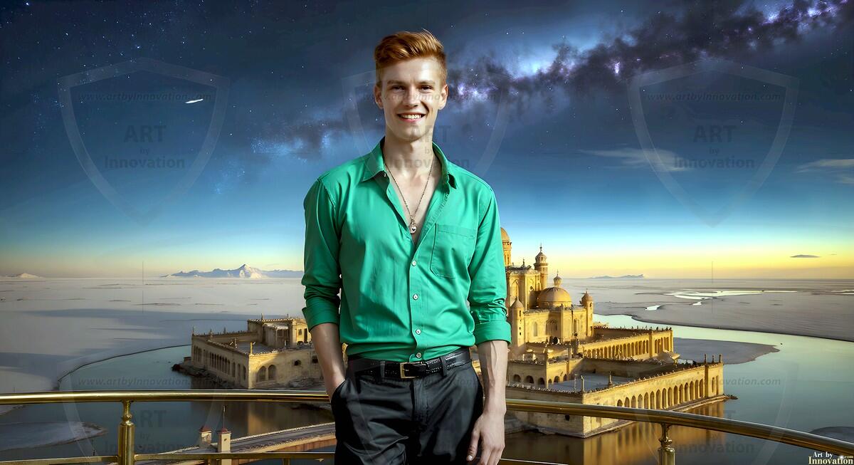 AI-generated Golden City Young Men — beautiful handsome young men in their teens and 20s on balconies overlooking a majestic golden heavenly city. 349 images by Jeff Dupler.