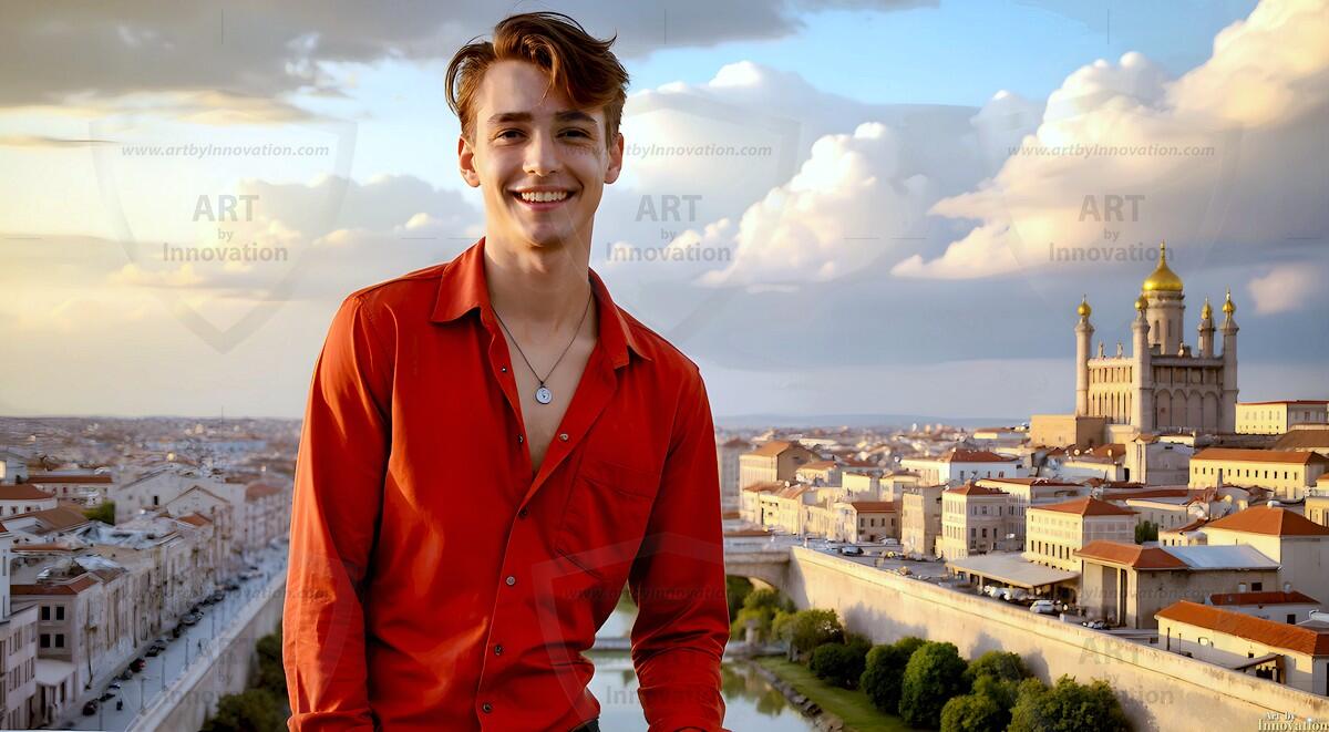 AI-generated Golden City Young Men — beautiful handsome young men in their teens and 20s on balconies overlooking a majestic golden heavenly city. 349 images by Jeff Dupler.
