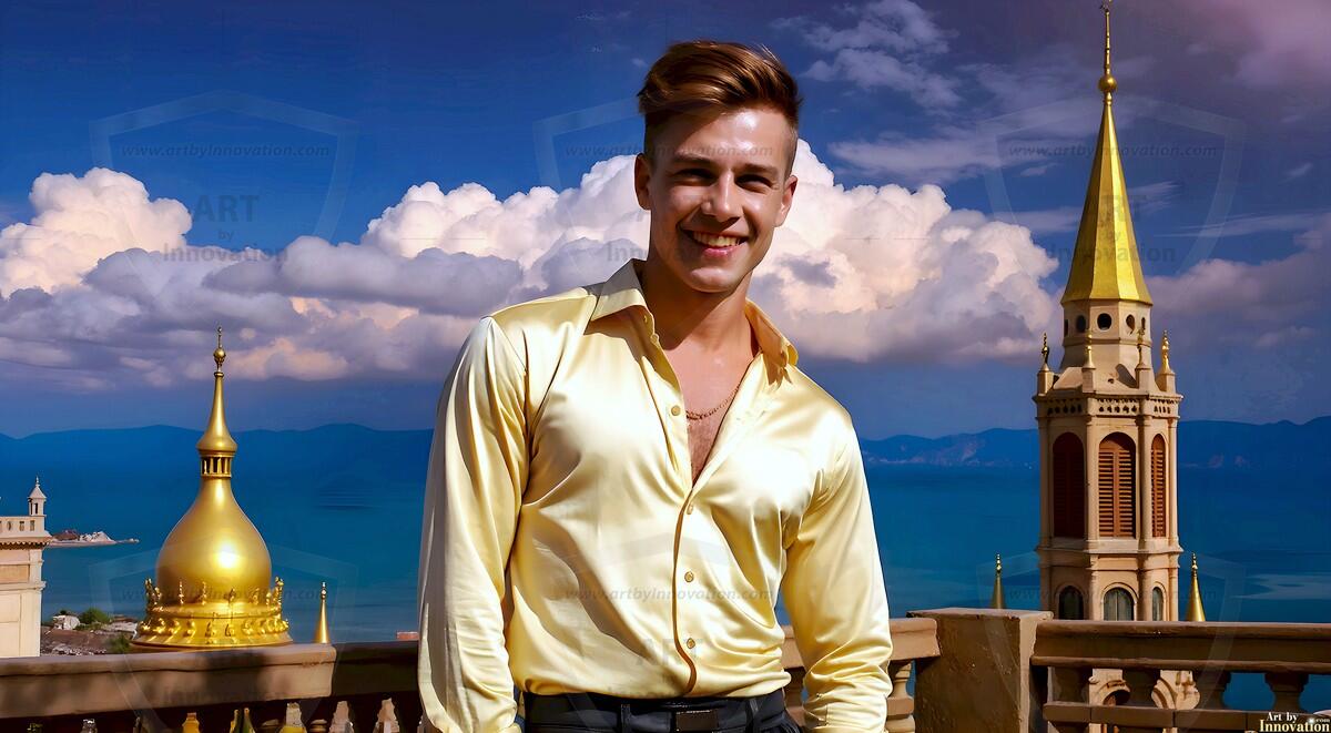 AI-generated Golden City Young Men — beautiful handsome young men in their teens and 20s on balconies overlooking a majestic golden heavenly city. 349 images by Jeff Dupler.