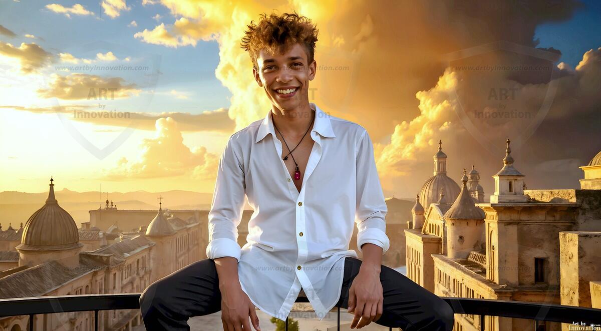 AI-generated Golden City Young Men — beautiful handsome young men in their teens and 20s on balconies overlooking a majestic golden heavenly city. 349 images by Jeff Dupler.