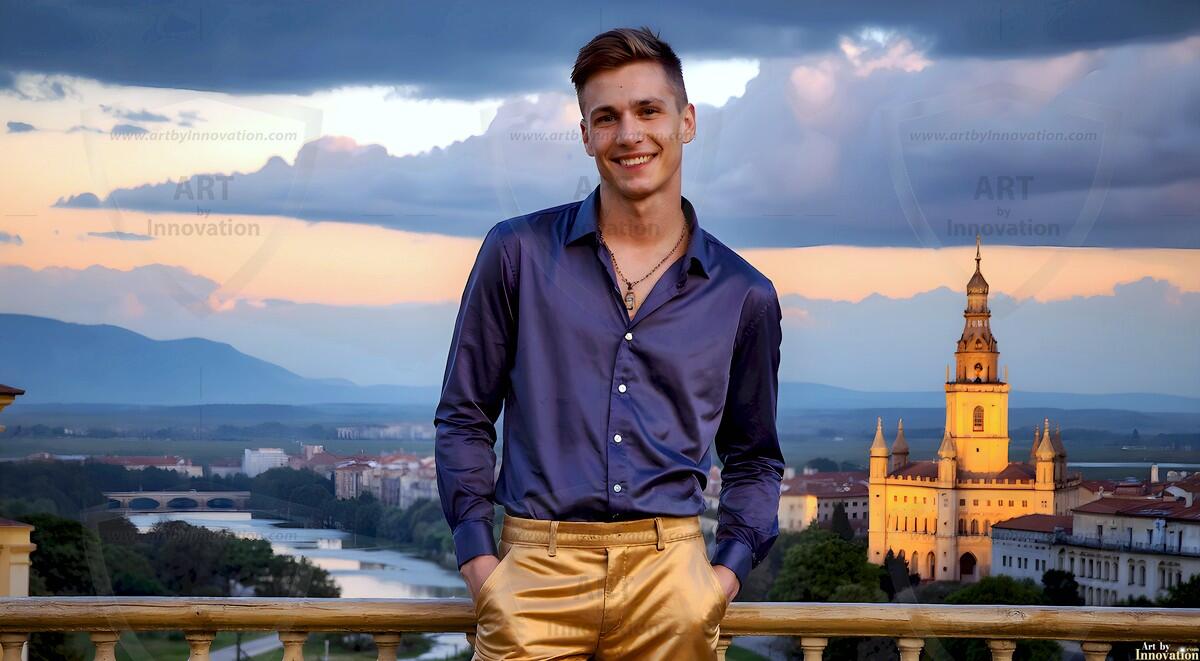 AI-generated Golden City Young Men — beautiful handsome young men in their teens and 20s on balconies overlooking a majestic golden heavenly city. 349 images by Jeff Dupler.