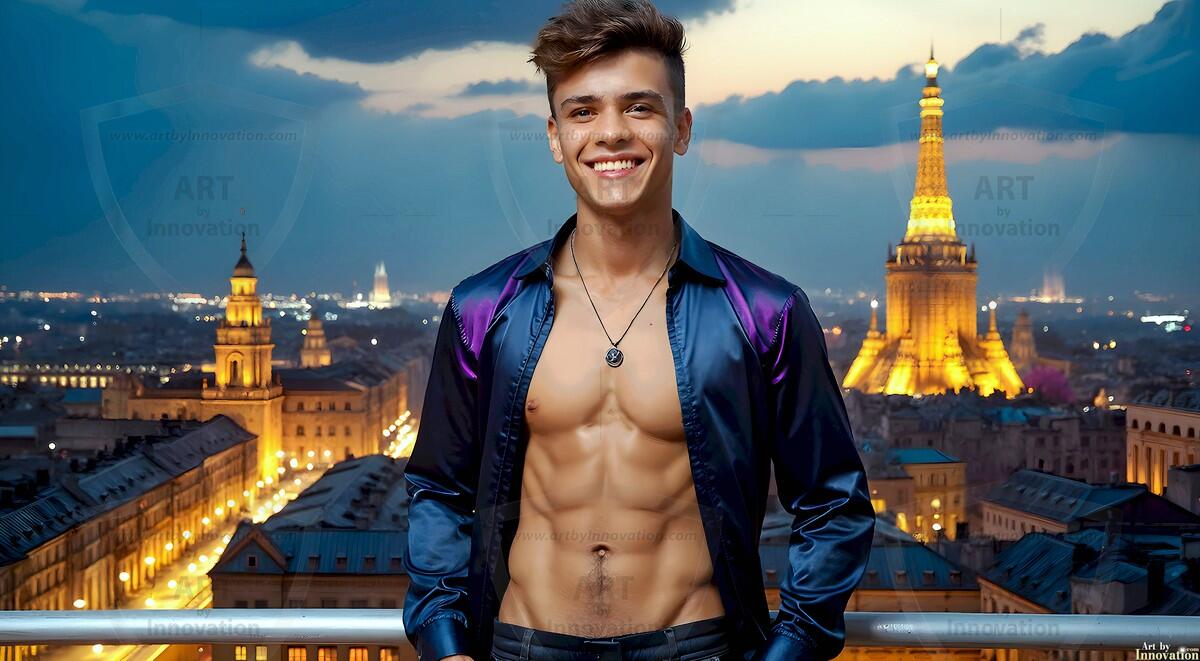 AI-generated Golden City Young Men — beautiful handsome young men in their teens and 20s on balconies overlooking a majestic golden heavenly city. 349 images by Jeff Dupler.