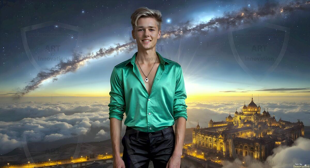 AI-generated Golden City Young Men — beautiful handsome young men in their teens and 20s on balconies overlooking a majestic golden heavenly city. 349 images by Jeff Dupler.