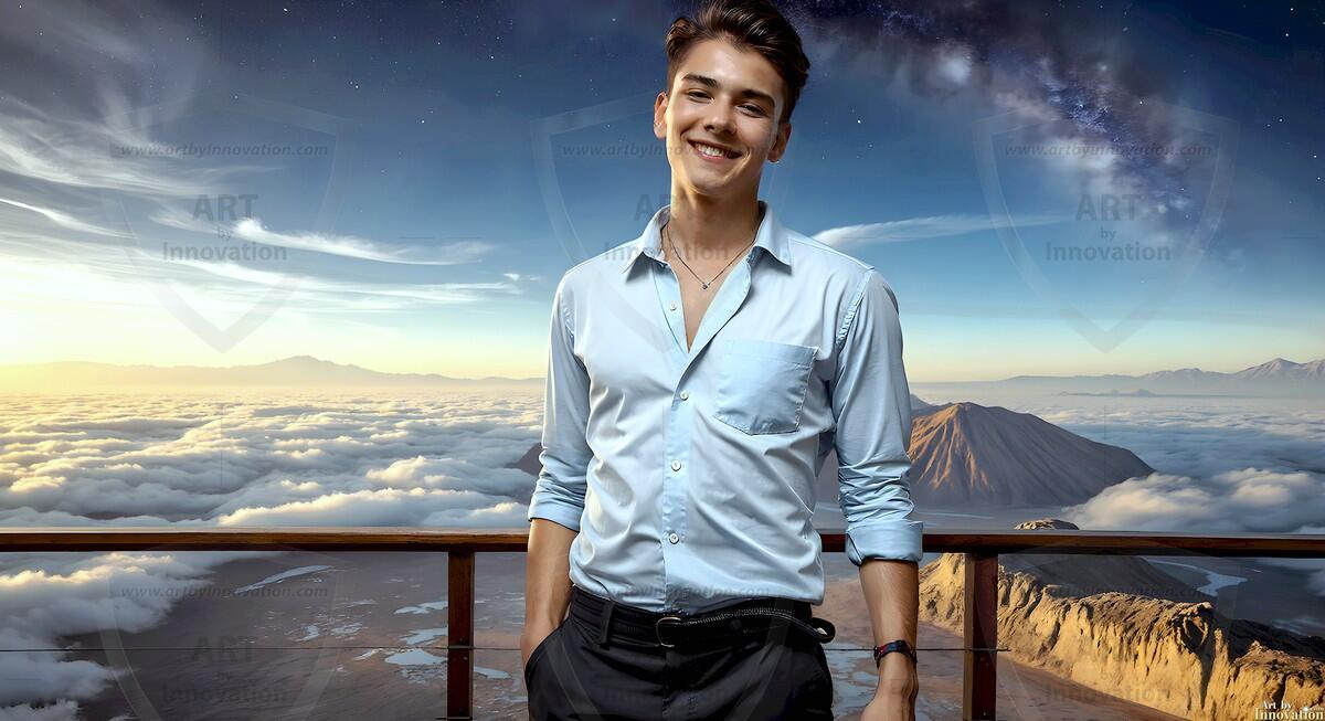 AI-generated Golden City Young Men — beautiful handsome young men in their teens and 20s on balconies overlooking a majestic golden heavenly city. 349 images by Jeff Dupler.