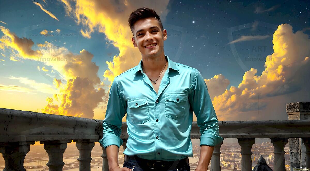 AI-generated Golden City Young Men — beautiful handsome young men in their teens and 20s on balconies overlooking a majestic golden heavenly city. 349 images by Jeff Dupler.